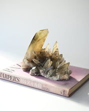 Crystal formation on top of a 'Harper's Bazaar' book with a white background