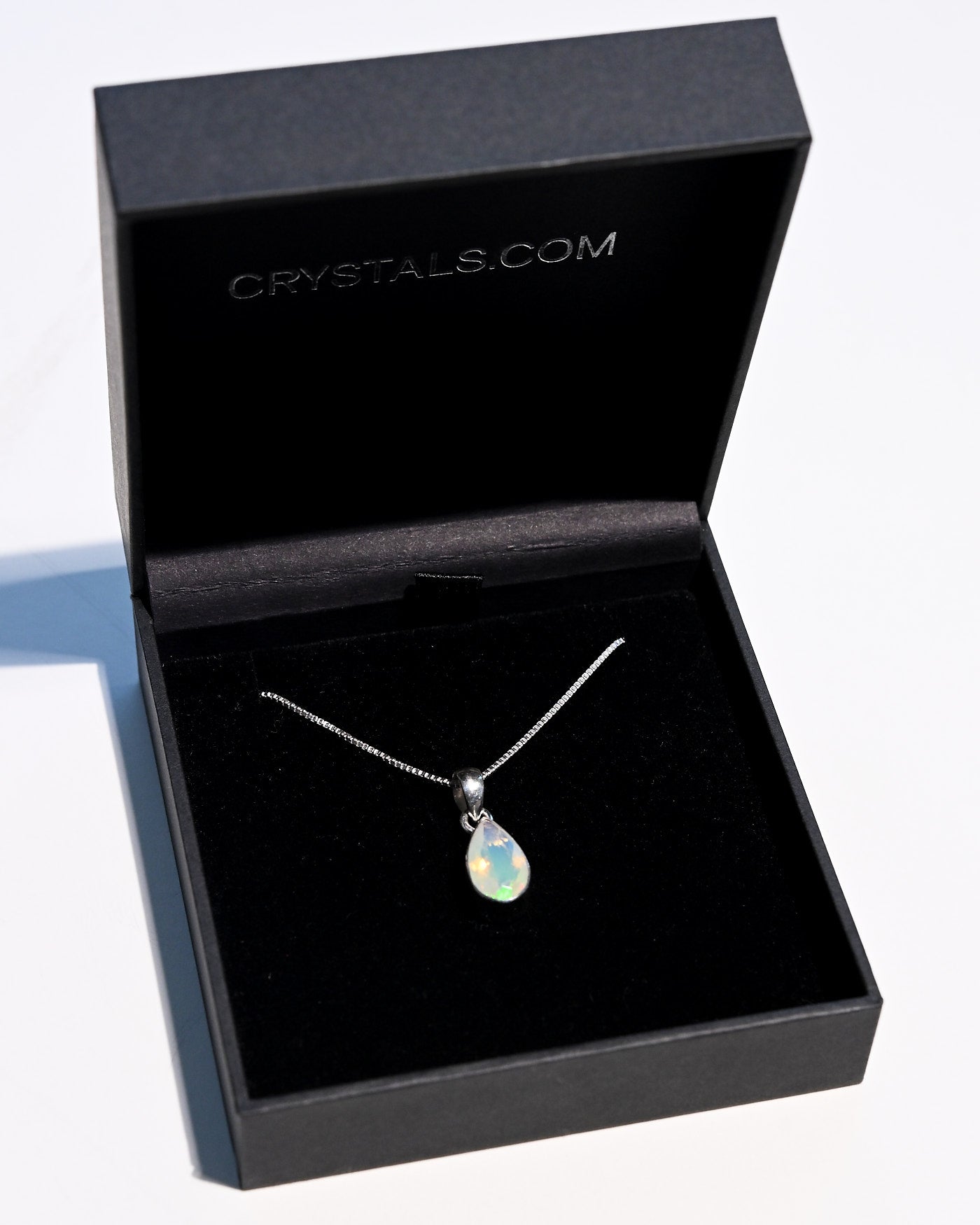 Opal pendant necklace sterling silver teardrop solitaire in Crystals.com gift box
