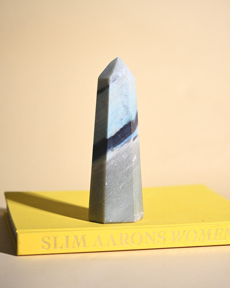 Trolleite tower from Brazil, blue and grey banded polished obelisk, 8 inches