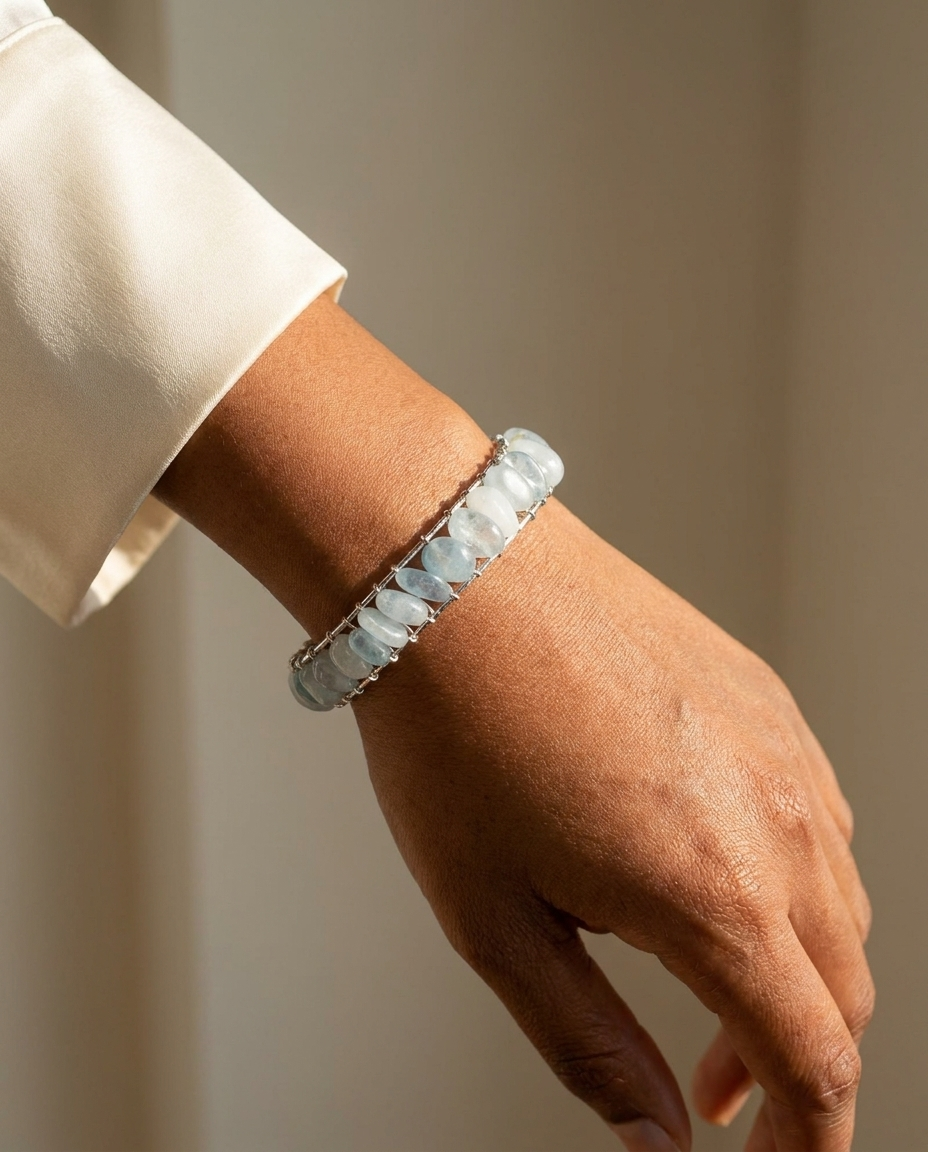 Aquamarine Bangle wrist shot - model wearing silver wire-wrapped aquamarine cuff
