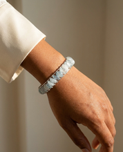 Aquamarine Bangle wrist shot - model wearing silver wire-wrapped aquamarine cuff