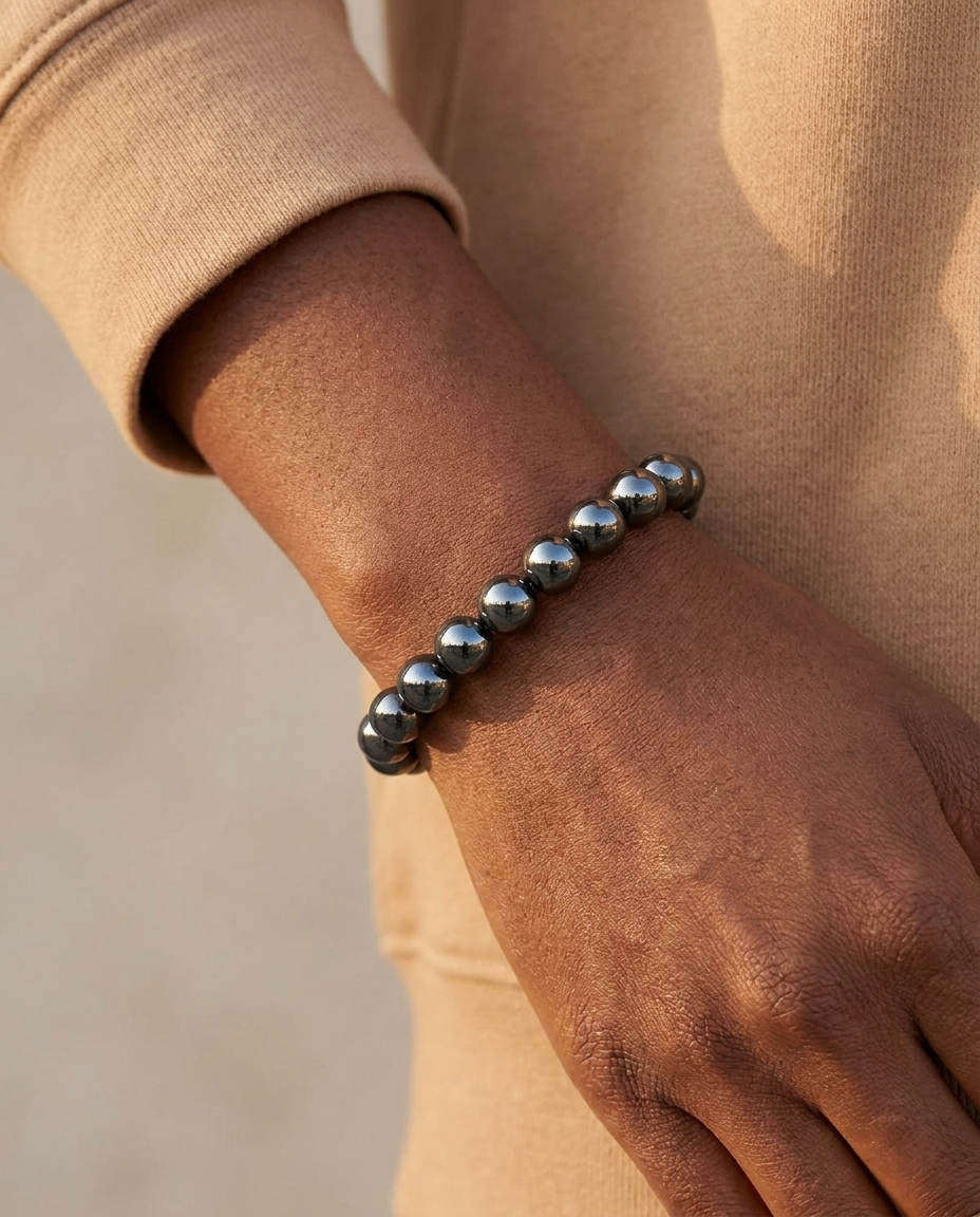 Hematite Bracelet wrist shot - model wearing gunmetal hematite beads