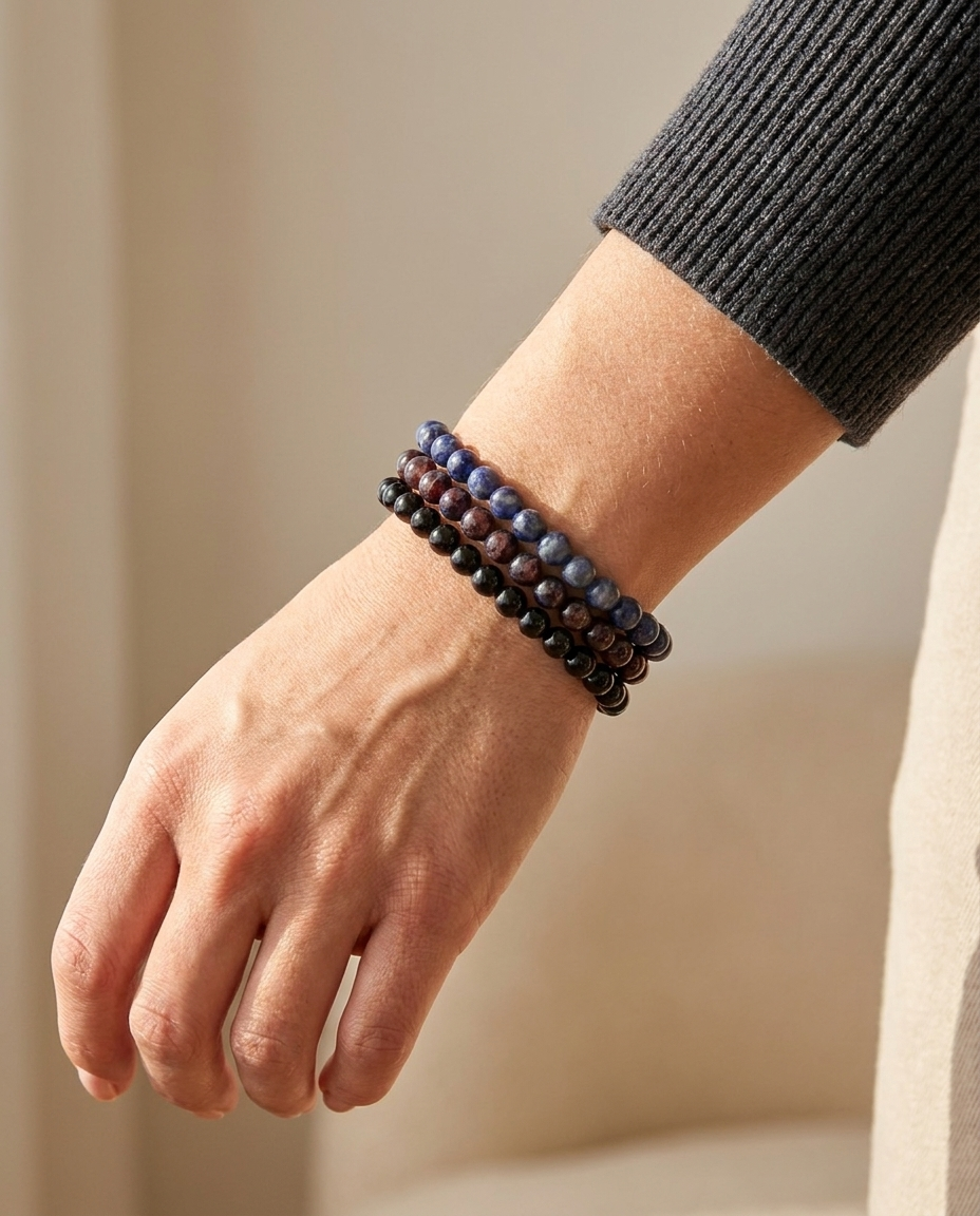 Sagittarius Bracelet Trio wrist shot - model wearing zodiac crystal beaded bracelet