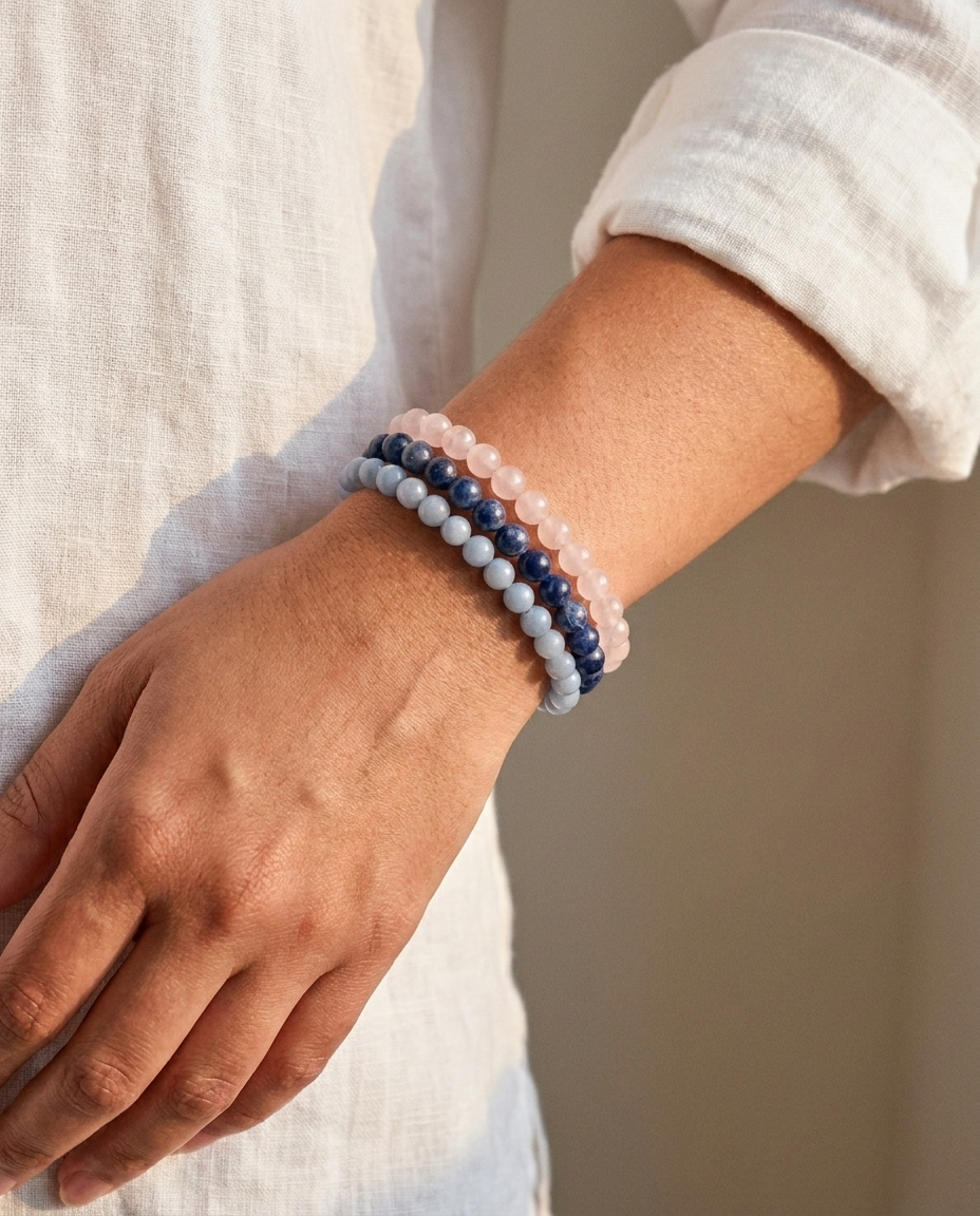 Cancer Bracelet Trio wrist shot - model wearing zodiac crystal beaded bracelet
