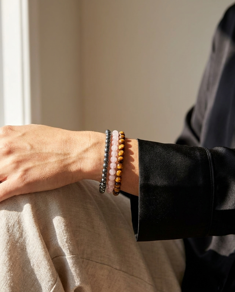 Leo Bracelet Trio wrist shot - model wearing zodiac crystal beaded bracelet