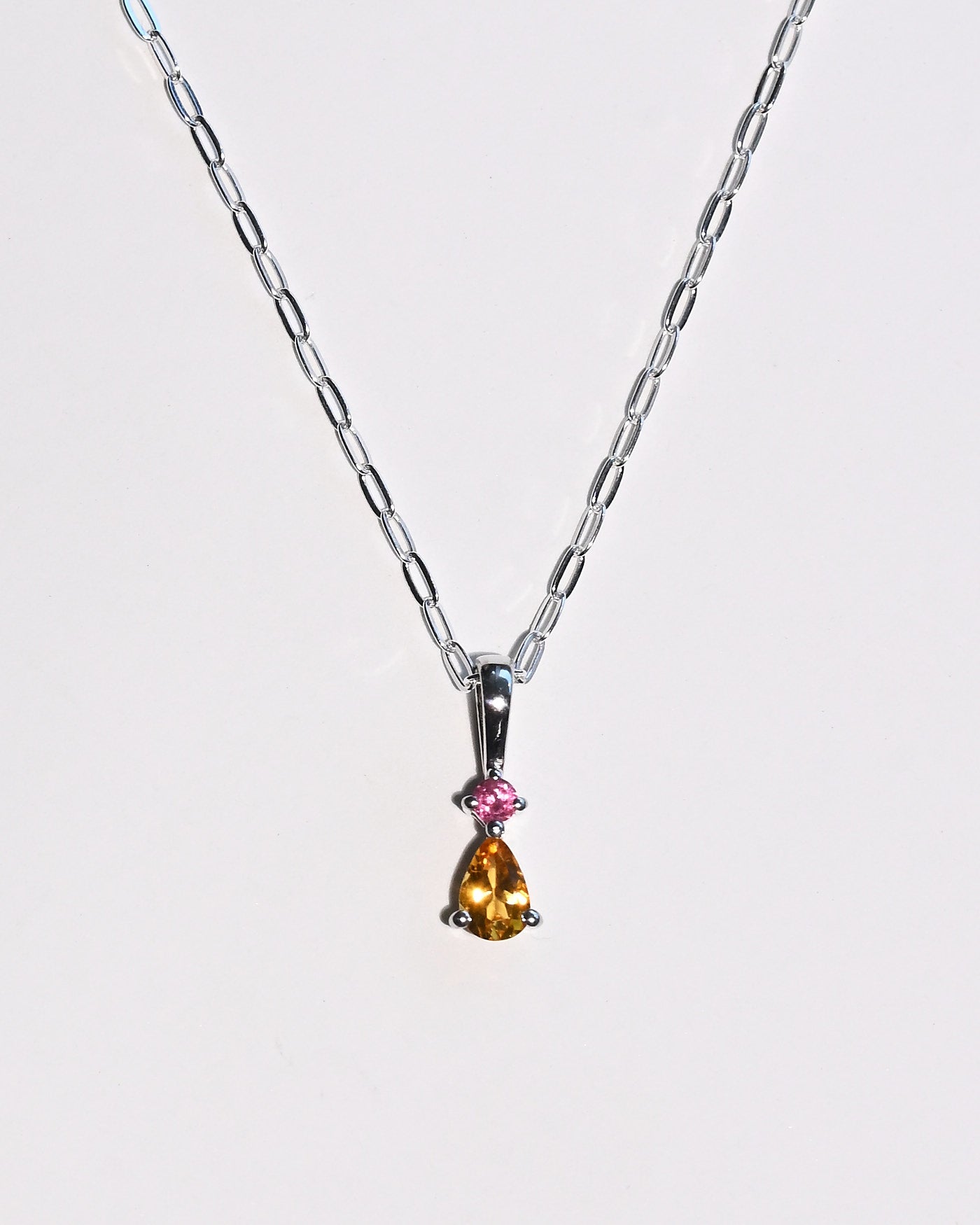 Two-stone tourmaline pendant necklace in sterling silver on paperclip chain
