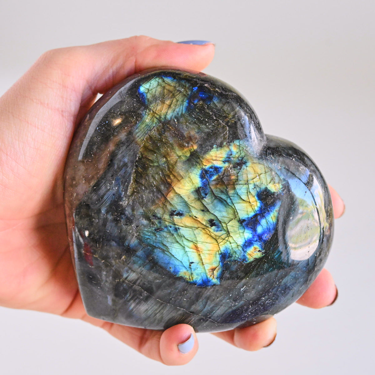Labradorite Heart - labradorite crystal heart shaped scale view